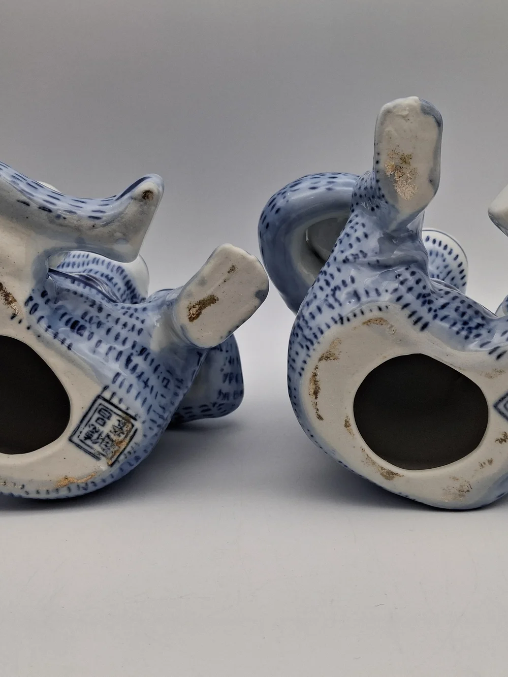 Blue and White Ceramic Monkey Candle Holder - Set of 2 - Signed
